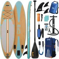 CFB SUP-Board Set 320x84x15 cm, 160 kg Traglast, extra breites iSUP in Holzoptik, aufblasbares Stand Up Paddle Board, (Inflatable SUP-Board, 12 tlg., Komplett-Set mit Alu-Paddel, Pumpe, Rucksack, 5L Dry Bag, Schultergurt), Das kipp-sichere Allround-B