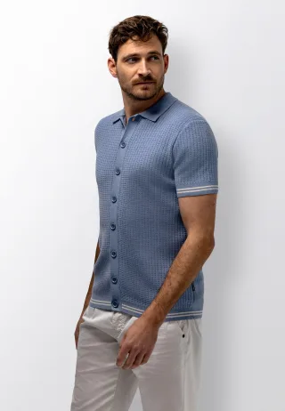State of Art - Polo-Strickjacke mit Strukturmuster mittelblau uni - Gr. - L