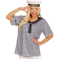 Karneval-Klamotten Kostüm Matrosin Damen Matrose T Shirt mit Matrosenmütze, blau-weiß gestreiftes Oberteil mit Mütze und Kragen