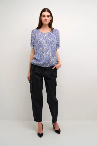 Ärmellose Bluse Loose fit Indigo Blue/Turtledove Leaf blue white