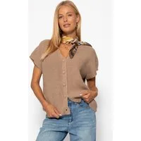 SASSYCLASSY Kurzweste Strickweste mit Herzknöpfen für Damen Weiche Weste mit kurzen Ärmeln und V-Ausschnitt Beige Burgundy