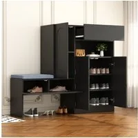 Flieks Schuhschrank Schuhkommode mit gepolsterter Sitzbank (B130/T35/H110 cm, 1-St., mit gepolsterter Sitzfläche) Schuhwechselhocker mit Seitenschrank Schuhbank Schuhregal Schwarz