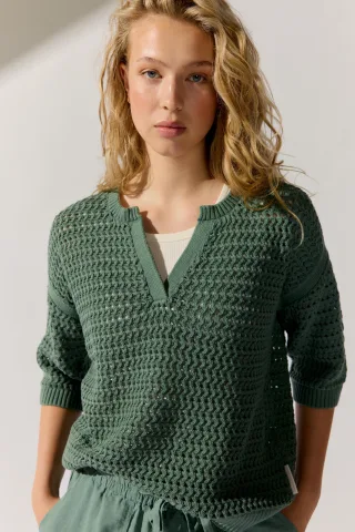 THE FASHION PEOPLE - Ajour V-Neck knitted dusty green - Gr. - XXL