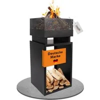 Lemodo Feuerkorb mit Holzlager, Feuerschale Stahl, Feuerstelle 85,5cm hoch, 39x39x85,5 cm, langlebiger Feuerkorb