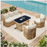 Flieks Gartenlounge-Set, 5-Sitzer Gartenmöbel Balkonset aus PE-Rattan mit gehärtetem Glasplatte