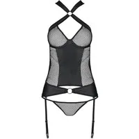 Passion Corsage Corsage Amanda schwarz Wetlook Netz transparent Strapse (Set)