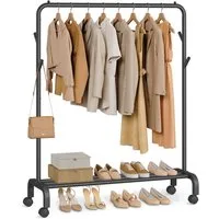 SONGMICS Kleiderständer Kleiderstange, Garderobenstange, Garderobenständer, 41 x 103,5 x 155cm, auf Rollen, Stahlrohren, bis 50kg belastbar, multifunktionale, schwarz