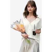 Imily Bela Cardigan Damen Kurzarm mit V-Ausschnitt Knopfleiste Loose Stricken (Packung, 1-tlg., 1per-Pack) Fledermausärmel gehäkelt in Unifarbe