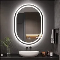 Dripex Badspiegel LED Oval Spiegel, Badezimmerspiegel mit UHR / Bluetooth-Lautsprecher, Wandspiegel mit Beleuchtung, 3 Lichtfarbe, Dimmbar