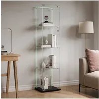 FUROKOY Glasvitrine Standvitrinen, Vitrine aus gehärtetem Glas (Vitrinenschrank mit 1 Glastür und Lichtleiste für Sammler, Bücher) 4 Lagen Sammlervitrine, Schwarz