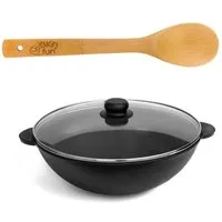 4BIG.fun Wok Wok Ø28 cm Wokpfanne 3,7 L Glasdeckel Asia Grill, Gusseisen (Pow-Wok + Glasdeckel + Kochlöffel)