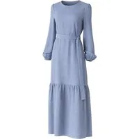 fashionshowcase Maxikleid Damen Crinkle Kleid mit Gürtel, Ballonärmel, 140 cm, Gr. 36–46 Mit Bindegürtel in Taille und dezentem Volant am Saum
