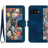 Wigento Smartphone-Hülle Für Google Pixel 9a Kunstleder Book Wallet Blumen Tasche Hülle D- Blau, Blumenmuster, Kartenfächer, Lanyard