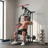 SPORTNOW Kraftstation mit Latzug, Butterflystange, verstellbar Preacher Bank, Beintrainer, 0 Gewichtsblöcke (Fitnessstation, 1-tlg., Multifunktion Smith Machine), für Zuhause Schwarz+Rot