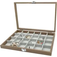 mixed24 Schmuckkasten Holz 24 Fächer für Schmuck Ringe Ohrringe Halsketten Armbänder (Schmuckkoffer Schmuckbox Schmuckdisplay Deckel aus Echtglas Schmuckschatulle), Deckel aus Echtglas
