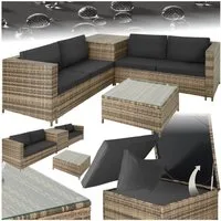 tectake Loungeset Rattan Sitzgruppe inkl. großer Aufbewahrungsbox, für 4 Personen, (Gartenlounge-set Siena, 5-tlg., geeignet für Outdoor in Natur/Dunkelgrau), widerstandsfähig und UV-beständig, Dicke der Sitzpolster 8 cm