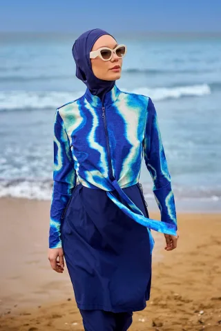 Marineblaues Burkini-Set mit vollständiger Abdeckung und bescheidener Badebekleidung