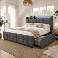 Flieks Polsterbett, LED-Beleuchtung Doppelbett 160x200cm mit Ladefunktion und 4 Schubladen