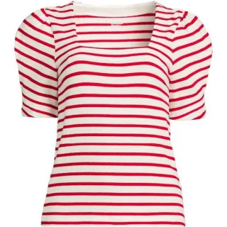 Gestreiftes Baumwollshirt mit eckigem Ausschnitt und Puffärmeln für Damen, Damen, size: regular, Elfenbein, Baumwolle, by Lands' End