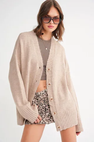 Geknöpfter V-Ausschnitt Rippstrick-Cardigan