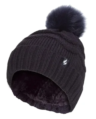 Damen Winter Pelz Beanie Mütze | Wärmehalter | Zickzack gemusterten Pom Pom Hut | Damen Thermal Cuff Bobble Hat - Navy