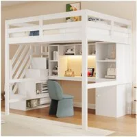Flieks Hochbett Kinderbett 140x200cm mit Stauraumtreppe, Schreibtisch, LED & Aufladen