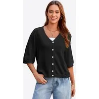 Imily Bela Kurzarmpullover Damen Lässige Strickpullover mit Knöpfen (Packung, 1-tlg., 1per-Pack) mit V-Ausschnitt