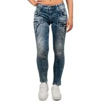 Cipo & Baxx Slim-fit-Jeans Damen Slim Fit Hose Stonewashed BA-WD322 im Biker Style mit Zippern und Ziernähten