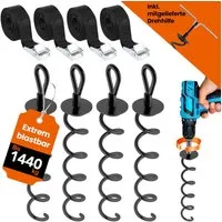 NewHabitat Bodenanker Erdanker zum Eindrehen für Trampolin, Schaukel, etc inkl. Gurte, für Trampolin, Schaukel, Pavillion, Festzelt uvm., zum Eindrehen, (Kompletteset, 4-St., inkl. Drehhilfe), Einfaches Eindrehen mit Akkuschrauber & 14-er Nuss
