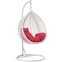 RAMROXX Hängesessel Luxus Style XXL Rattan Korb und Gestell Weiss mit Relaxkissen Pink