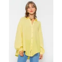 SASSYCLASSY Longbluse Oversize Musselin Bluse Damen kurz Langarm Elegant Hemdbluse lang aus Baumwolle mit V-Ausschnitt, One Size (Gr. 36-48)