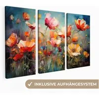 MuchoWow Leinwandbild Blumen - Bunt - Abstrakt, Fotodruck (3 St), Wand Bilder 3 Set, Deko Schlafzimmer Wohnzimmer Flur 60x40 cm