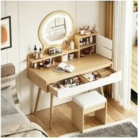 STILVORA Schminktisch mit Spiegel und LED-Beleuchtung Kosmetiktisch mit Hocker, B80/H135/T40 (Frisiertisch aus MDF mit Polsterhocker und 3 Lichtmodi, Große Ablagefläche mit 2 Schubladen und seitlichen Schränken), Für kleine Schlafzimmer, Ankleidezimm