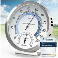 MAVORI Hygrometer mit Thermometer analog aus Edelstahl - präzise und stilvoll - Ø 12,5cm, batteriefreier Betrieb (Bi-Metall)