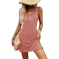 PYLIKE Strandkleid Damen ärmelloses T-Shirt Sommerkleid mit Slogan Print Bequem für Freizeit und Büro,Strandurlaub