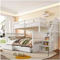 Merax Etagenbett 90x200cm & 140x200cm (Stockbett Jugendbett Doppelbett, 1-St), Kiefer Kinderbett mit 2 Schubladen,Sicherheitsgeländer, Stauraumtreppe