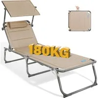 HOMECALL Gartenliege Sonnenliege AluLiege Liegestuhl Strandliege Liegen, klappbar, Textilene Mit Dickem Schwamm, Verstellbare Rückenlehne, Sonnenblende, Kopfpolster, bis 180KG