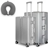 WINLIFE Trolley Hartschalen-Koffer Alu-Rahmen Silber Trolley M, L, XL + Nackenkissen, 4 Doppelrollen Rollen, ABS+PC-Hartschale, TSA-Zahlenschloss, 360°-Doppelrollen