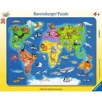 Kinderpuzzle Weltkarte mit Tieren 30 Teile, Rahmenpuzzle