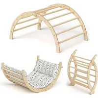 Bellabino Klettergerüst Ruki 2-in-1 Kletterbogen und Wippe, (mit Matratze "Graue Sterne", Buche Massivholz, natur lackiert), Kletterspielzeug ab 3 Jahren, zusammenklappbar, bis 50 kg
