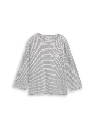 Tom Tailor - Loose Fit T-Shirt mit Blumen-Applikation small white navy stripe - Gr. - M