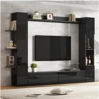 KLAM HOME Wohnwand 4-tlg. Kompaktwohnwand Weiß Hochglanz mit viel Stauraum für Wohnzimmer, (Wohnwand Set mit TV-Schrank, Vitrine & Aufbewahrungsschrank 228x170cm), Flexibles Wandmöbel mit wechselbarem Türanschlag & Acryl-Vitrine