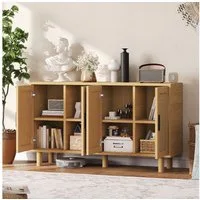 Simurq Kommode Sideboard Kommode Rattan-Optik 4 Türen 140 cm (Set, Buffetschrank Highboard mit 4 Rattan Türen), für Schlafzimmer, Wohnzimmer, Flur, 140 x 40 x 80 cm, Holzfarbe