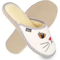 filsko Litton Damen Katzenstickerei Hausschuh Pantolette mit Katzenaugen, weißer Filz, gefüttert, ungefüttert