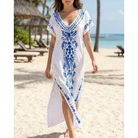 MOPUEA Strandkleid Damen Strandkleid Blumenstickerei Bikini Cover Up Atmungsaktiv Locker (Damen Kaftan Strandkleid Mit Blumenstickerei, Luftiger Kaftan Für Strand Pool Urlaub Und Freizeit) Atmungsaktiv Locker Geschnitten Mit Seitenschlitzen Und Stick