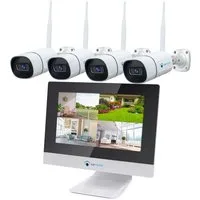 LUVISION Überwachungskamera LV-101+4 (Außen- und Innenbereich, 4-tlg., 10,1" Monitor NVR WLAN Funk Video Überwachungssystem 3MP 4 IP Kameras, PC Software & App, Cloud, Push Alarm, Nachtsicht, H.265 Komprimierung)
