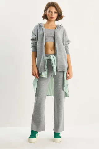 Hochtailliertes Cardigan- und Hosen-Set mit Reißverschlusskragen