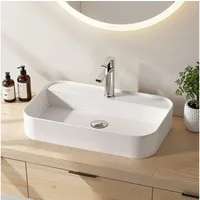 EMKE Aufsatzwaschbecken Eckiges Keramik KeramikAufsatzwaschbecken Hängewaschbecken 60cm x 40cm (Packung), mit hahnloch aufsatzwaschbecken groß - 50x40cm Weiß