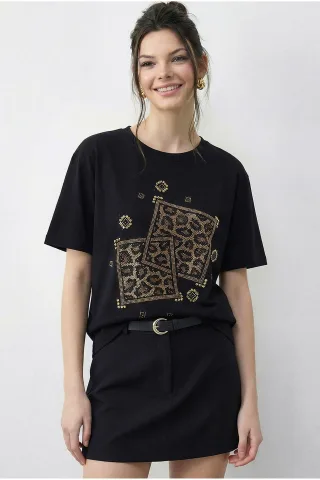 Crew Neck Geometrisches Paillettendruck T-Shirt
