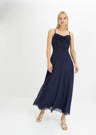 bonprix Trägerkleid mit Paillettenstickerei, blau, Gr.50, Abendkleid mit Tüllrock und Paillettenstickerei im Oberteil
